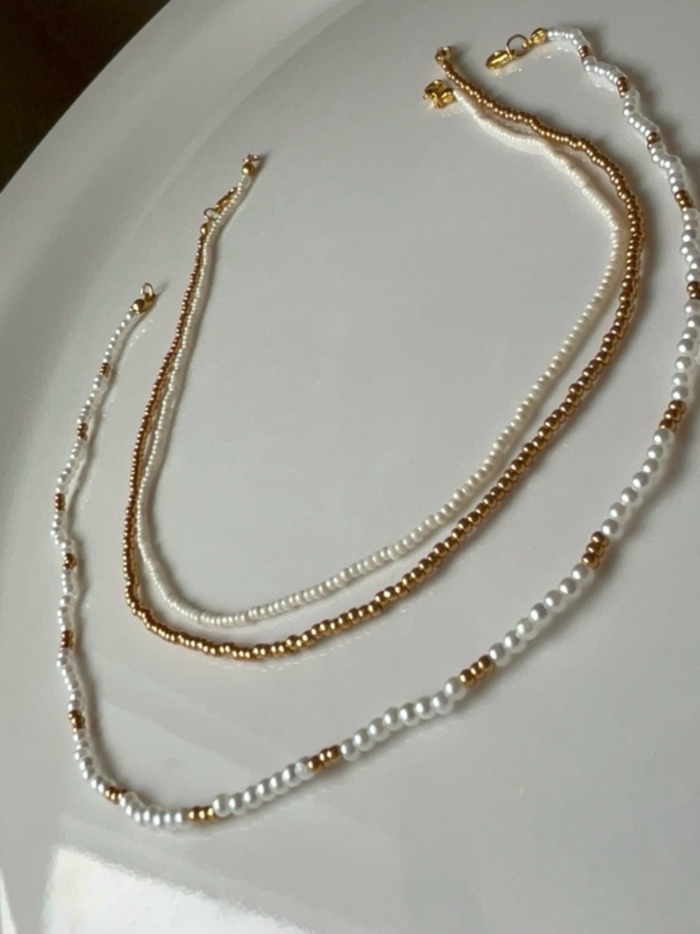 Gold and White Layered Beaded Necklace - Women Jewelry - Picture 3 of 8